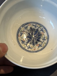 Two Chinese blue, white and famille rose bowls and two famille rose bowls, Guangxu and Shen De Tang mark, 19th C.