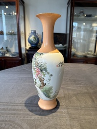 A Chinese famille rose 'birds and flowers' vase, signed Deng Xiaoyu 鄧肖禹, dated 1961