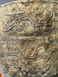 Three Chinese archaic bronze wine vessels, Zhou or later