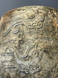 Three Chinese archaic bronze wine vessels, Zhou or later