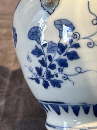 A Chinese blue and white vase with floral design and two handles, Transitional period
