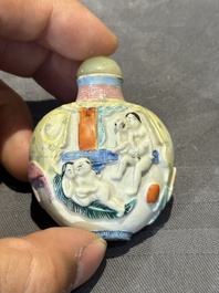 Eight Chinese moulded famille rose snuff bottles, Qianlong mark, 19th C.
