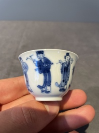 Four Chinese blue and white 'Eight Immortals' cups and saucers and five saucers, Chenghua and Lu mark, Kangxi
