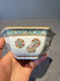 A Chinese blue, white and famille rose tea service, three famille rose bowls, a plate and a covered jar, 19th C.