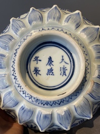 A rare Chinese lotus-shaped blue and white 'fu' dish, Kangxi mark and of the period