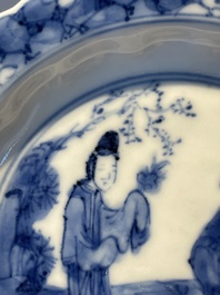 Four Chinese blue and white 'Eight Immortals' cups and saucers and five saucers, Chenghua and Lu mark, Kangxi