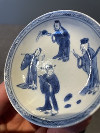 Four Chinese blue and white 'Eight Immortals' cups and saucers and five saucers, Chenghua and Lu mark, Kangxi