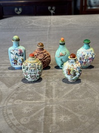 Six Chinese famille rose moulded snuff bottles, Qianlong mark, 19/20th C.