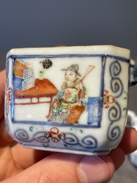 A Chinese blue, white and famille rose tea service, three famille rose bowls, a plate and a covered jar, 19th C.
