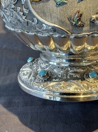 A rare Chinese silver, enamel and hardstone coffee set with matching tray, 20th C.