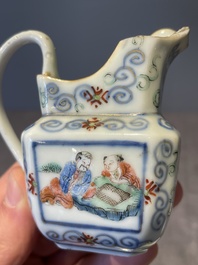 A Chinese blue, white and famille rose tea service, three famille rose bowls, a plate and a covered jar, 19th C.