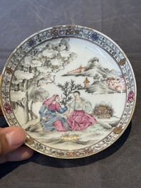 A Chinese famille rose 'erotic subject' cup and saucer, Yongzheng/Qianlong