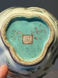 A Chinese blue, white and famille rose tea service, three famille rose bowls, a plate and a covered jar, 19th C.