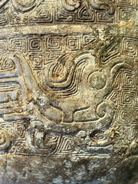 Three Chinese archaic bronze wine vessels, Zhou or later