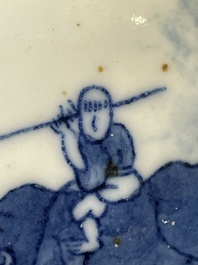 A Chinese blue and white brush washer and two seal paste boxes and covers, Qianlong mark, 19th C.