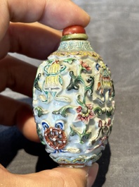 Six Chinese famille rose moulded snuff bottles, Qianlong mark, 19/20th C.