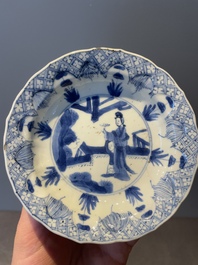 Four Chinese blue and white 'Eight Immortals' cups and saucers and five saucers, Chenghua and Lu mark, Kangxi