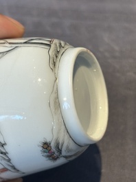 A Chinese famille rose 'erotic subject' cup and saucer, Yongzheng/Qianlong