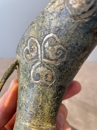 Three Chinese archaic bronze wine vessels, Zhou or later