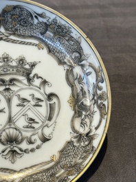 A Chinese gilt-decorated grisaille armorial cup and saucer, Qianlong