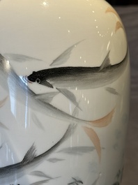 A Chinese eggshell polychrome 'fish' vase, Jing De Zhen Zhi 景德鎮製 mark, dated 1981