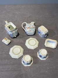 A Chinese blue, white and famille rose tea service, three famille rose bowls, a plate and a covered jar, 19th C.