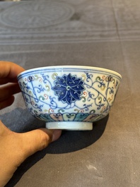 Two Chinese blue, white and famille rose bowls and two famille rose bowls, Guangxu and Shen De Tang mark, 19th C.