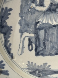 A blue and white Dutch maiolica dish with a rider on horseback, probably Harlingen, 2nd half 17th C.