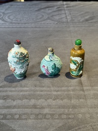 Three Chinese famille rose moulded snuff bottle, Ying Chuan Zhen Cang 穎川珍藏 mark, 19th C.