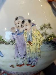 A Chinese famille rose 'hu' vase with playing boys, Qianlong mark, 20th C.