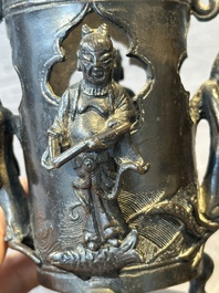 Two Chinese Chinese bronze cylindrical incense stick holders and a covered censer, Yuan/Ming and Qing