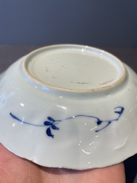 Three Chinese blue and white dishes and two plates, Kangxi