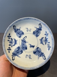 Four Chinese blue and white 'Eight Immortals' cups and saucers and five saucers, Chenghua and Lu mark, Kangxi