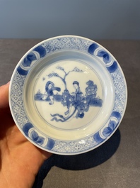 A Chinese blue and white vase, a covered bowl and six saucers, Chenghua and artemisia leaf mark, Kangxi