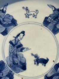 Four Chinese blue and white 'Eight Immortals' cups and saucers and five saucers, Chenghua and Lu mark, Kangxi