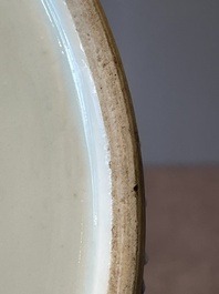 A Chinese blue and white brush washer and two seal paste boxes and covers, Qianlong mark, 19th C.