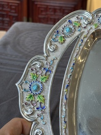 A rare Chinese silver, enamel and hardstone coffee set with matching tray, 20th C.