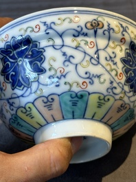 Two Chinese blue, white and famille rose bowls and two famille rose bowls, Guangxu and Shen De Tang mark, 19th C.