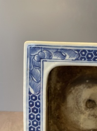 A square Chinese blue and white 'three rams' jardiniere, 19th C.
