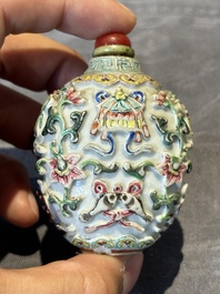 Six Chinese famille rose moulded snuff bottles, Qianlong mark, 19/20th C.