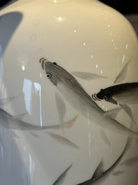 A Chinese eggshell polychrome 'fish' vase, Jing De Zhen Zhi 景德鎮製 mark, dated 1981