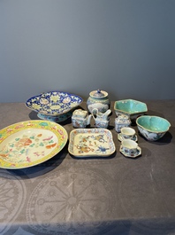A Chinese blue, white and famille rose tea service, three famille rose bowls, a plate and a covered jar, 19th C.