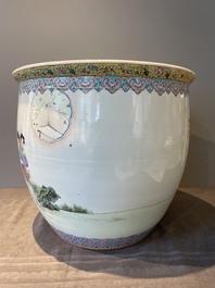 A Chinese famille rose jardiniere with ladies in a garden, 20th C.