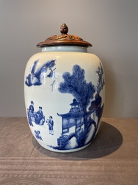 A rare Chinese blue and white lantern-shaped vase with figures in a landscape and calligraphy, Shunzi/early Kangxi