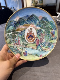 A pair of rare Chinese Canton famille rose armorial soup plates with the arms of Wight, ca. 1810