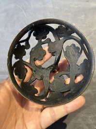 Two Chinese Chinese bronze cylindrical incense stick holders and a covered censer, Yuan/Ming and Qing