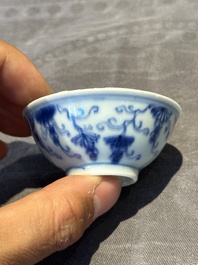 Three Chinese blue and white 'grapevines' cups, Yongzheng mark and of the period