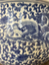 A large Chinese blue and white censer with chilong and floral design, Kangxi