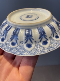 Four Chinese blue and white 'Eight Immortals' cups and saucers and five saucers, Chenghua and Lu mark, Kangxi
