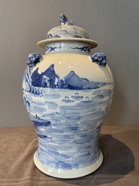 A Chinese blue and white 'landscape' vase and cover, Chenghua mark, 19th C.